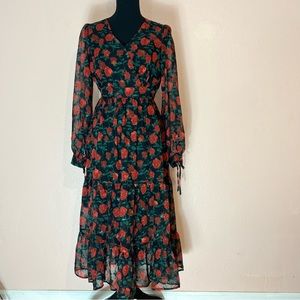 ORGANZA ROSE PRINT TIRED LONG SLEEVE SHEER BLACK MIDI DRESS